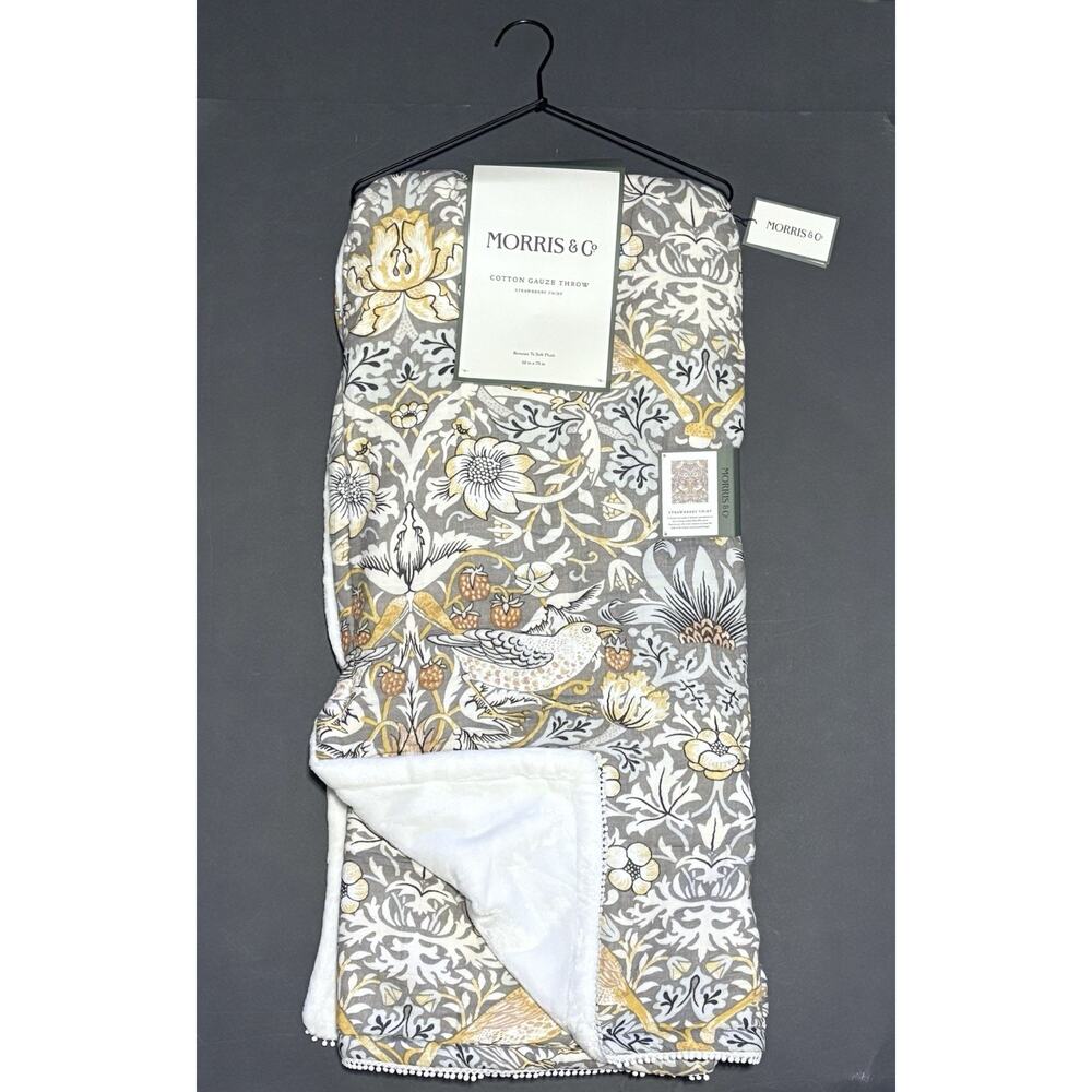 William Morris & Co Strawberry Thief Throw Blanket Cotton Gauze Fleece Grey NWT